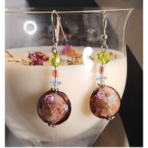 New Glass Earrings with Pink Flowers and colorful crystal beads